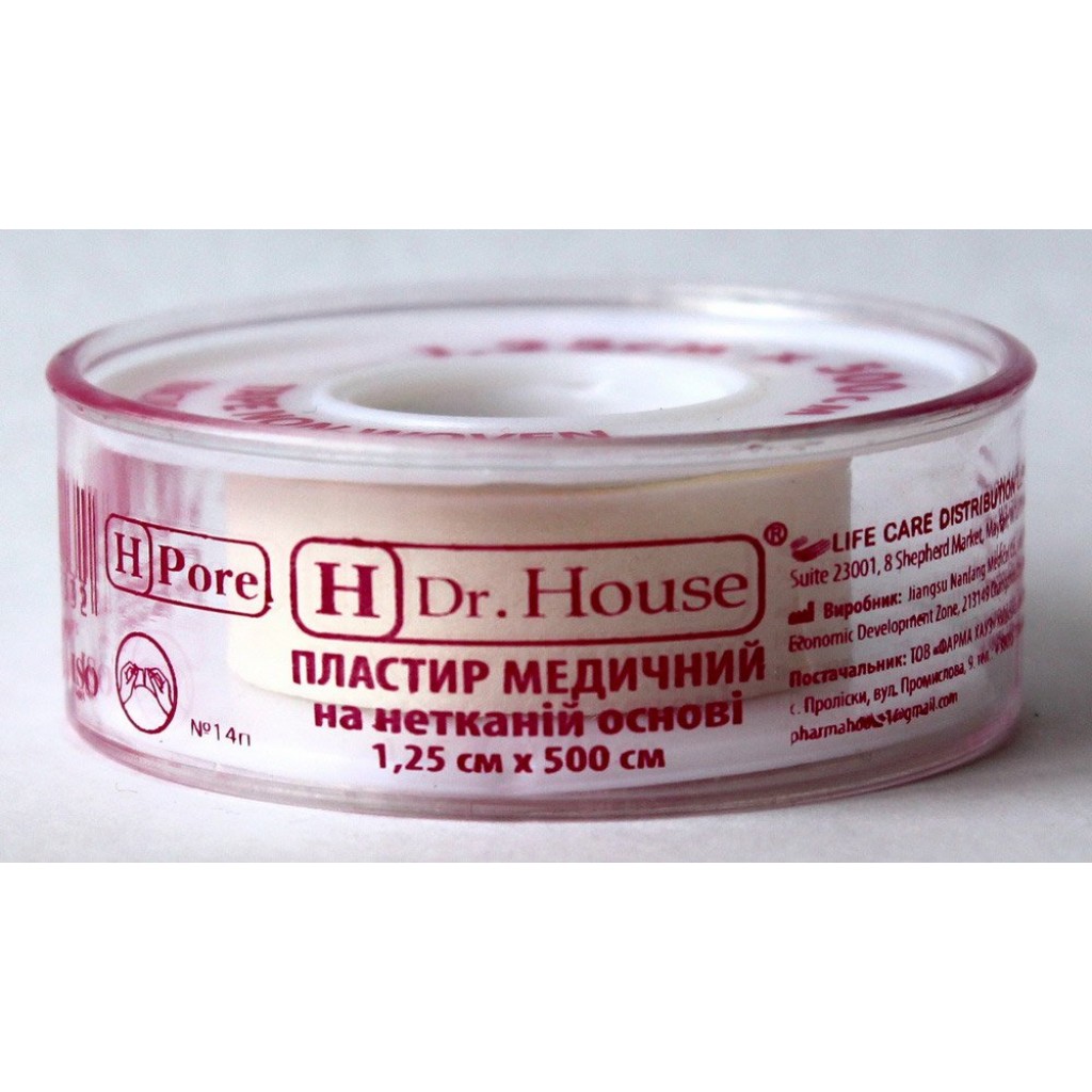 Пластир на котушці Dr.House нетканий білий 1,25 смх5м у пластиковій котушці