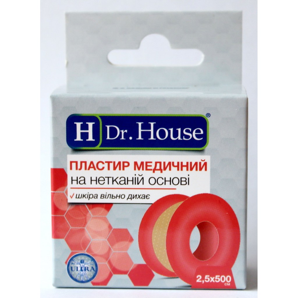 Пластир на котушці Dr.House нетканий тілесний 2,5смх5м пластик з підвісом