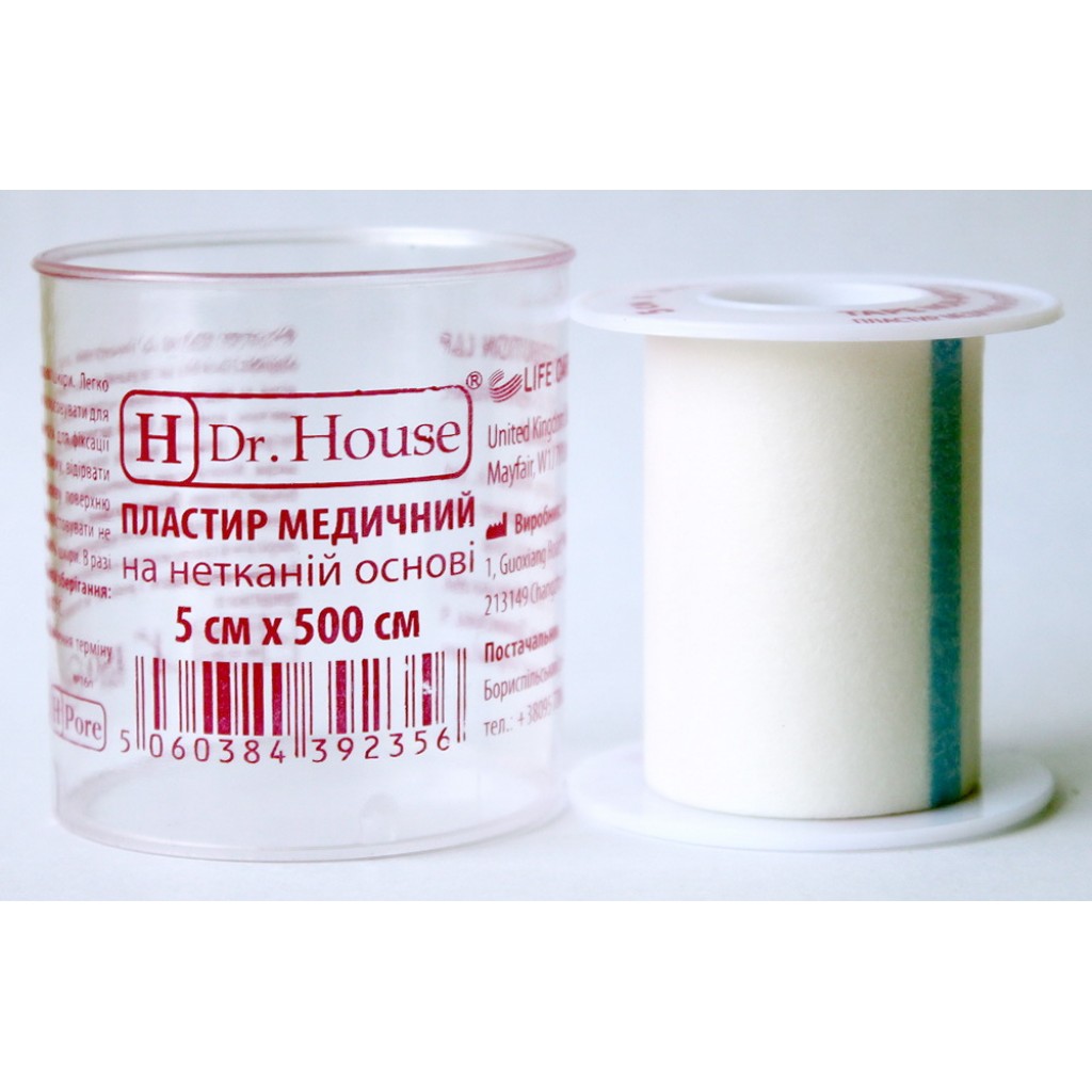 Пластир на котушці Dr.House нетканий білий 5смх5м у пластиковій котушці