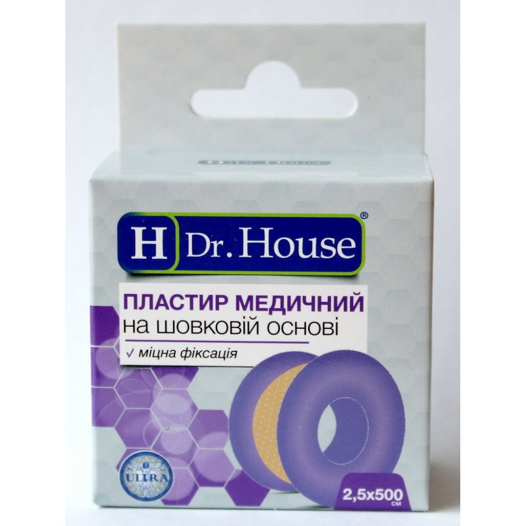 Пластир на котушці Dr.House шовковий тілесний 2,5смх5м пластик з підвісом