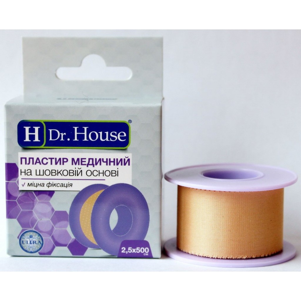Пластир на котушці Dr.House шовковий тілесний 2,5смх5м пластик з підвісом