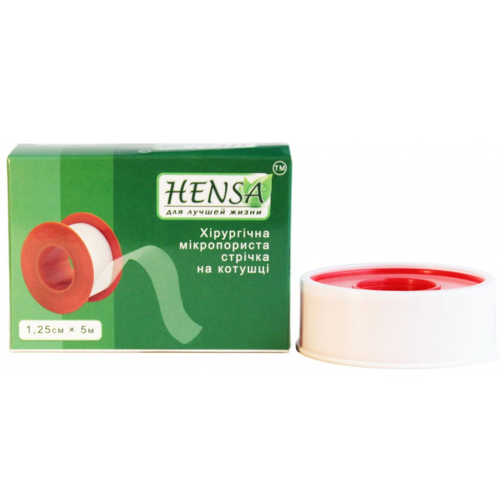 Пластир на котушці Hensa паперовий білий 1,25 cмх5м у пластиковій котушці